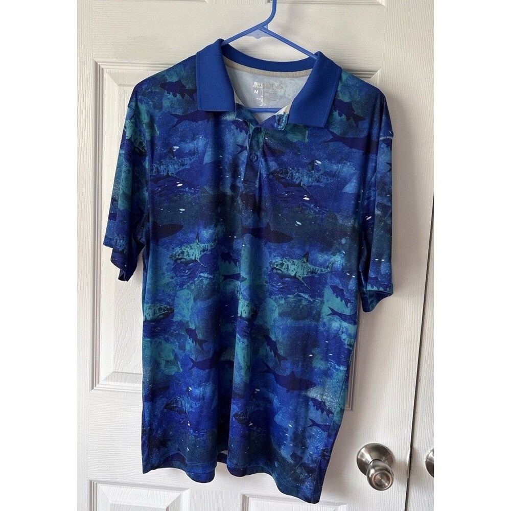 Reel Legends Freeline Fishing Polo Shirt, Blue Shark Print, Size Medium